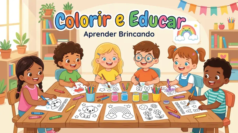 Crianças pintando e colorindo desenhos em folha A4 - Colorir e Educar