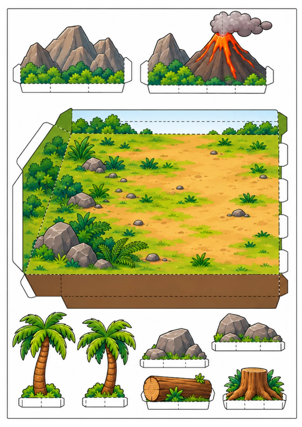Paisagem de Dinossauros 3D para imprimir, recortar e montar
