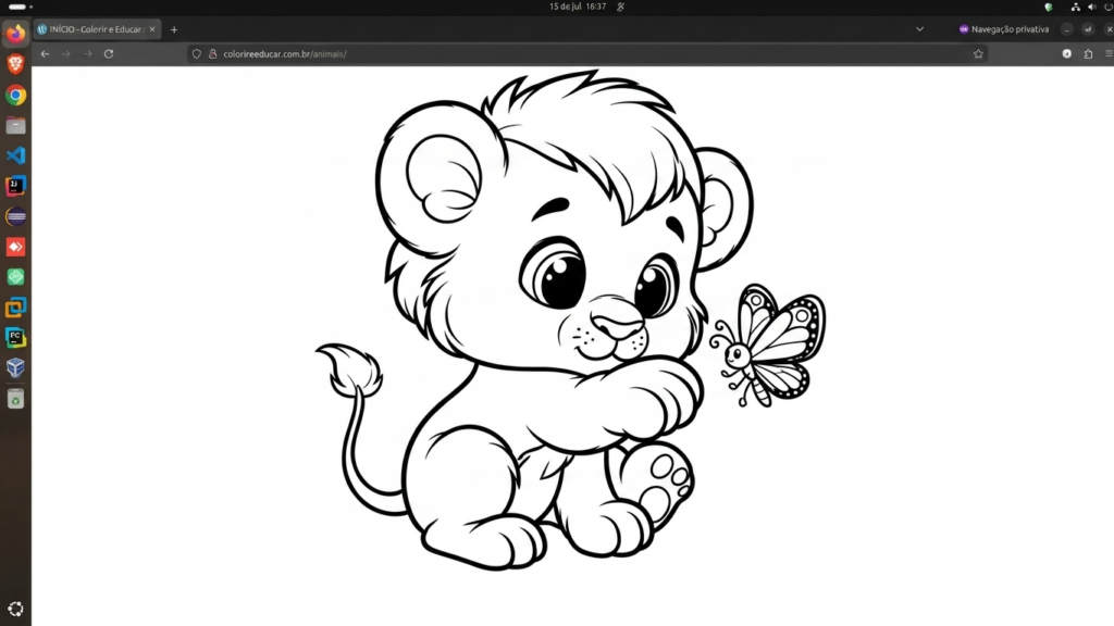 Desenho infantil de leãozinho fofo brincando com borboleta para colorir e imprimir